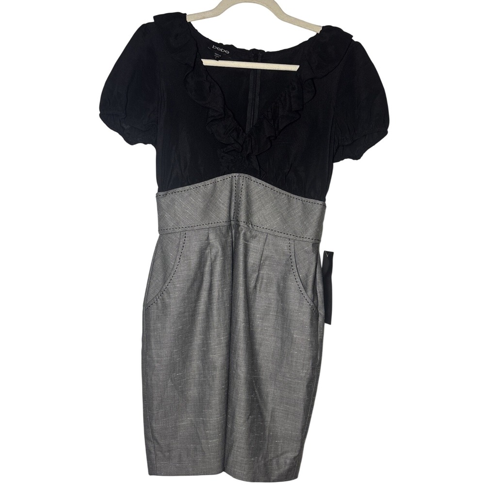 Bebe Sheath Dress Women's Black Gray Excellent Ruffle Pocket Professional Size 6